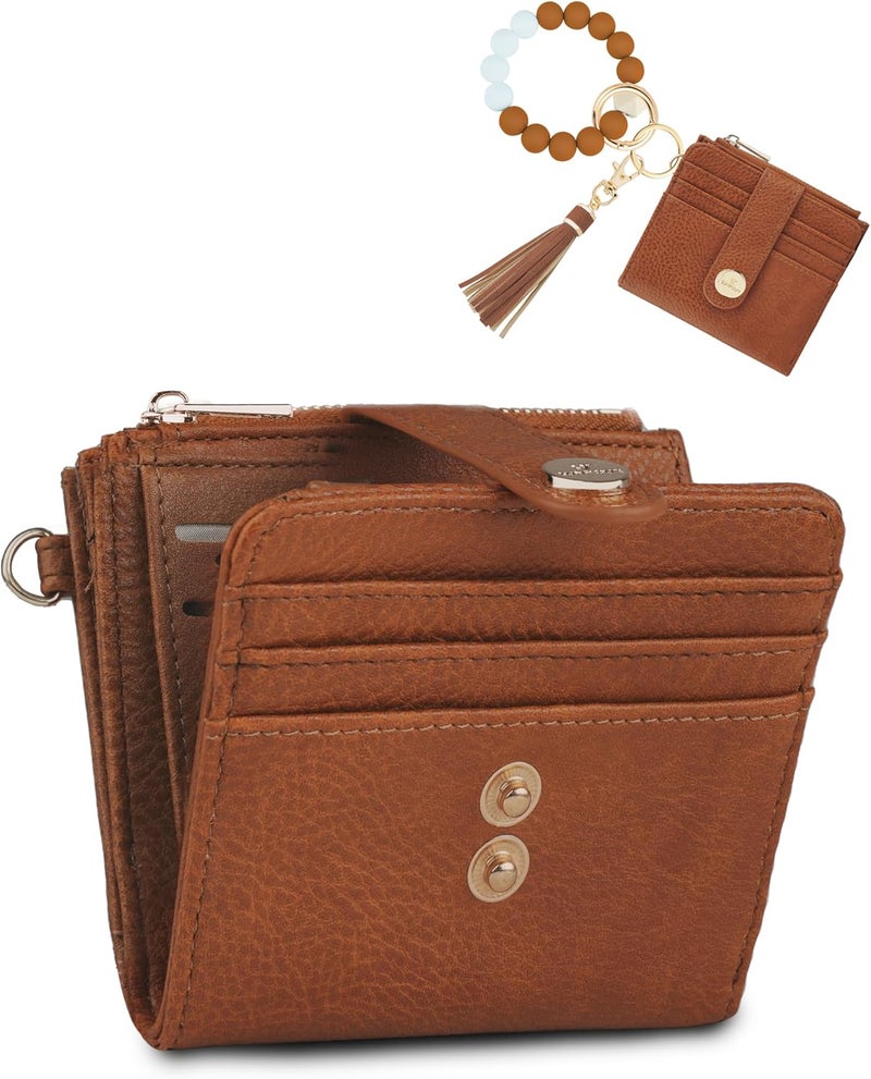 Sunpour Small Wristlet Wallets for Women Keychain Wristlet Wallet RFID Blocking Key Chain Wallet With Zipper Coin Pocket,2 Id Window (Brown) - Image 1